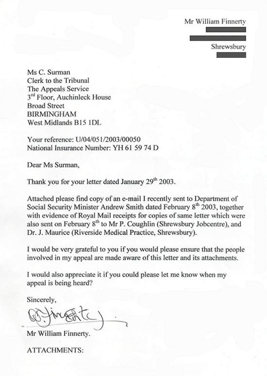 Scanned copy of letter sent to UK Appeals Service on February 11th 2003