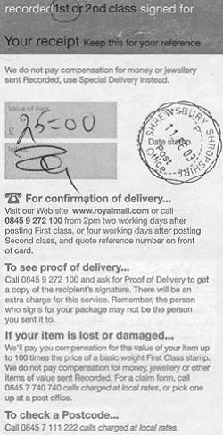 Royal Mail receipt (back) for letter to Appeals Service dated February 11 2003. Reference number: RE 2877 3361 7GB